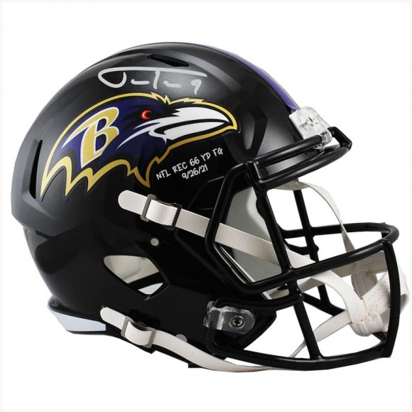 Autographed Baltimore Ravens Justin Tucker Fanatics Authentic Riddell Speed Replica Helmet with NFL Rec 66 YD FG 9-26-21 Inscription